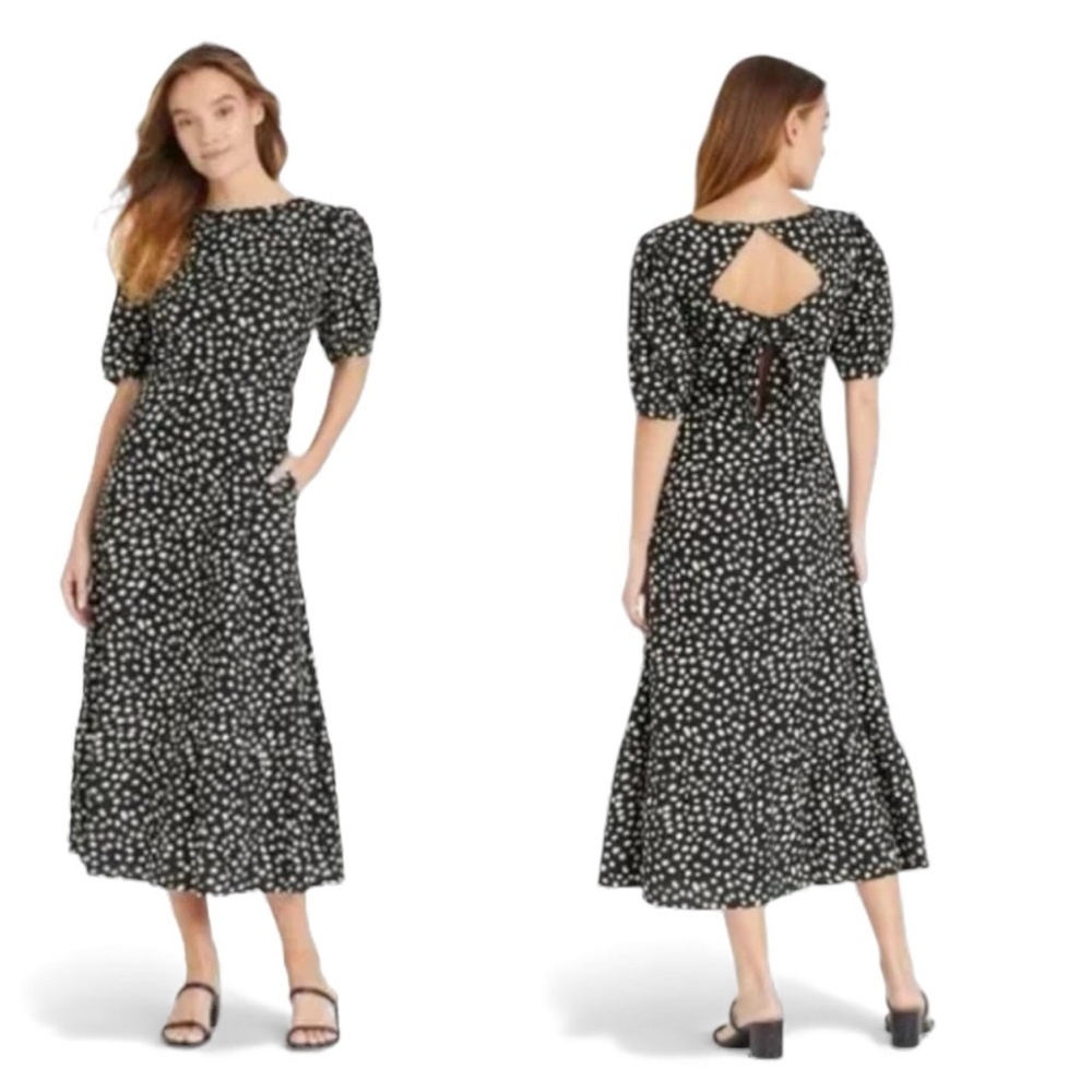 Who Wear What Linen Polka Dot Puff Sleeve Midi dress SzM Coastal Cottagecore Bow